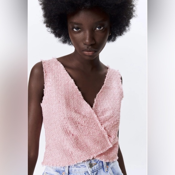 Zara Crop Top Women's Size Medium Pink Tweed V-Neck Structured Crossover NWT - Picture 6 of 12